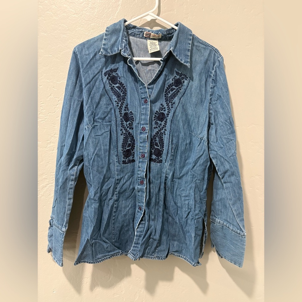 Faded Glory Blue Denim Long Sleeve Button Up